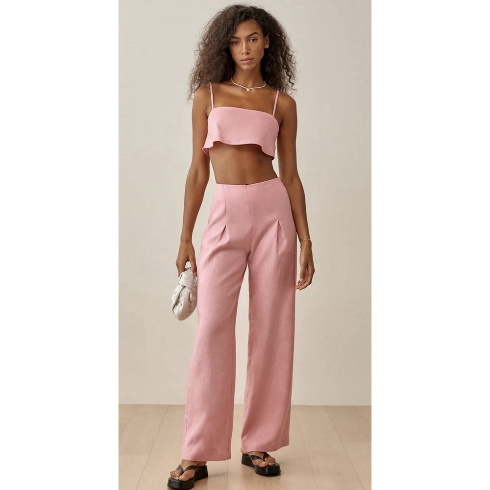 Reformation Women Size 4 Cleo Wide Leg Front Pleat Pants Pink Linen Back Zip